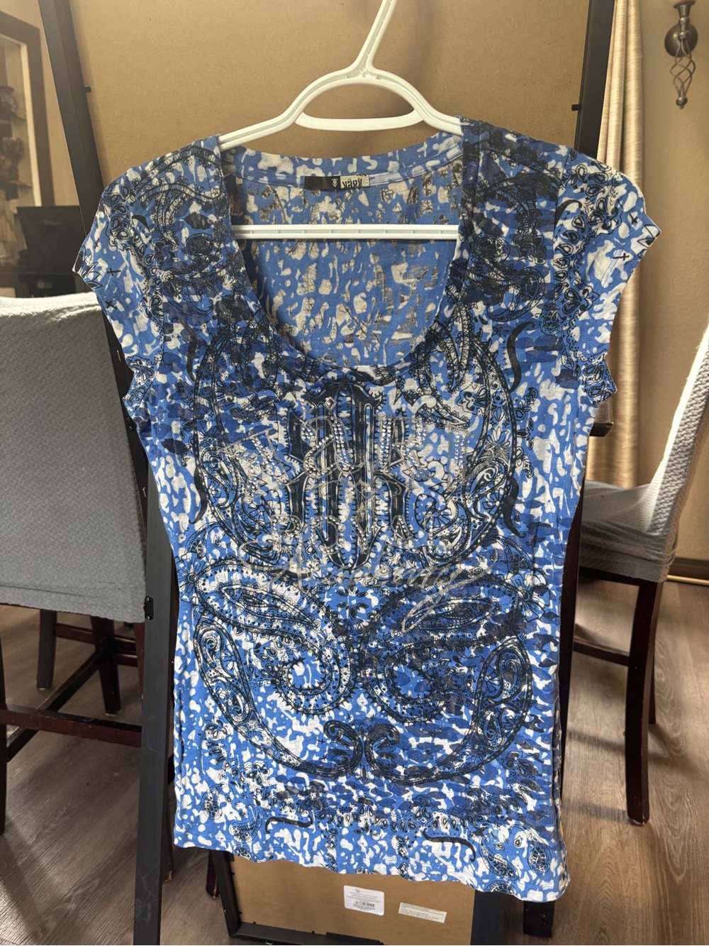 Karv Blue Rhinestone Paisley Top Medium Y2K Biker Graphic Tee